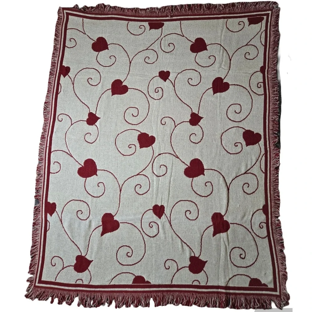 Vtg Woven Heart Vine Throw Blanket‎ Fringed Burgundy Cream Cottagecore Romantic
